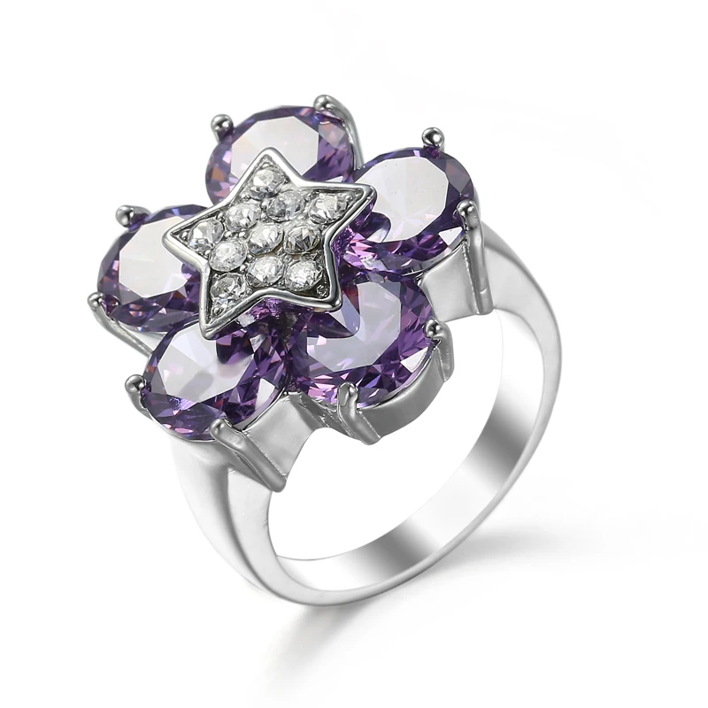 

New Pentastar Flower Design Multi- Purple&White CZ Silver Color Ring For Women Lover Gift Luxury Romantic Wedding Jewelry