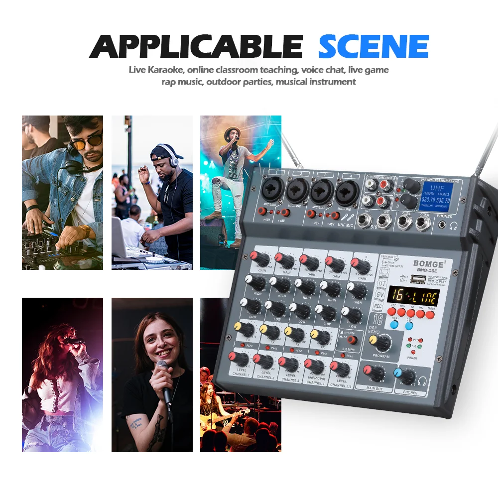 Профессиональный 6-канальный аудиомикшер встроенный 2-х ручной УВЧ микрофон