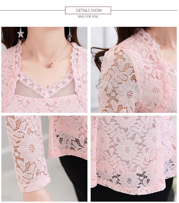 Женская кружевная рубашка облегающая блузка с длинным рукавом и кружевом модель