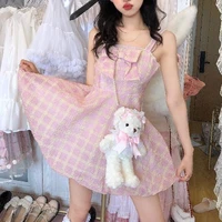 mini plaid suspender dress women 2021 summer vintage japanese kawaii pink ruffled casual elegant party dress streetwear sundress