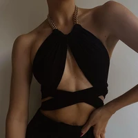 2021 sexy chain halter cami tops sleeveless bandage hollow out cropped women summer club party outfits streetwear black vest