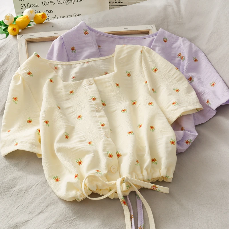 Pearl Diary Women Textured Cotton Crop Blouse Daisy Flower Print Square Neck Buttons Front Drawstring Waist Sweet Short Blouses | Женская