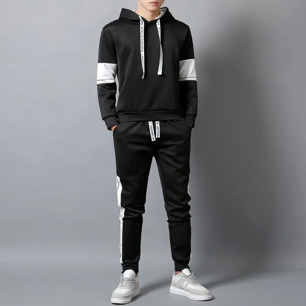 Wei Schwarz Mnner толстовки Набор Mode 2019 Herbst Marke Lssige Herren Gesetzt Sport Zwei Stck Лоскутная Толстовка с