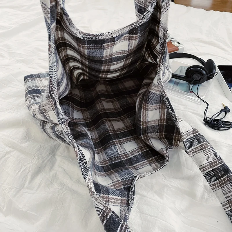 

Plaid Women Simple Shoulder Bag Soft Fabric Handbag Large Capacity Tote Canvas Bags for Pretty Young Girls