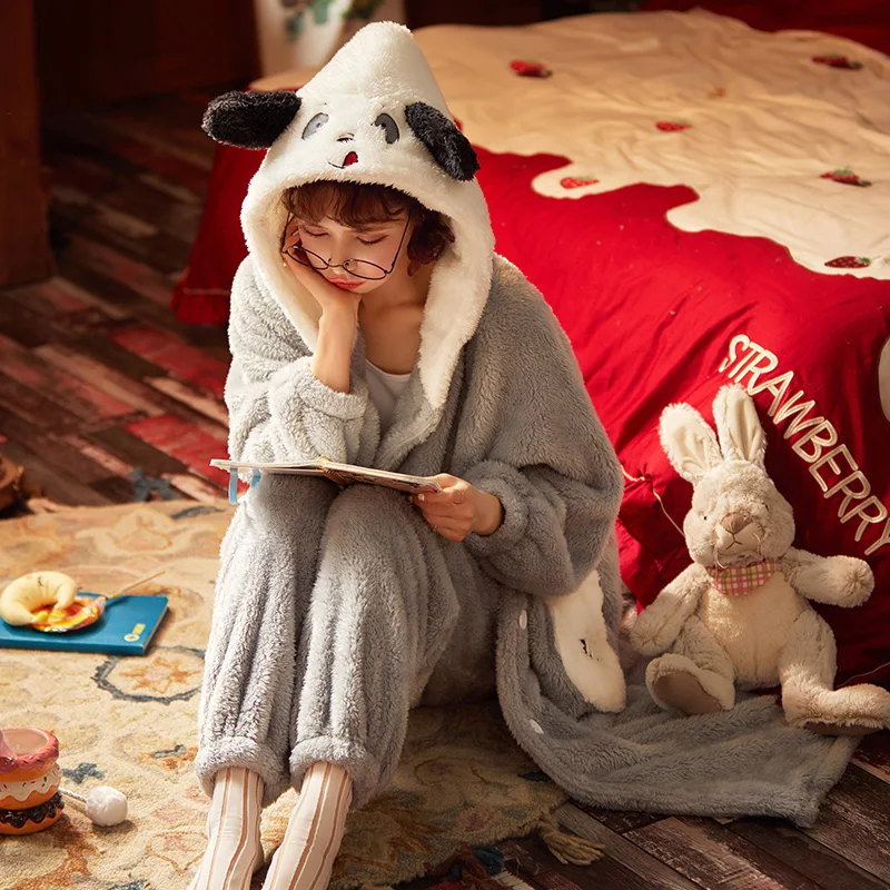 Women Sleepwear Winter Pyjamas Intensification Nighty Loose Version Medium Style Hooded Pajamas Plus Size XXL Plush Pajama set