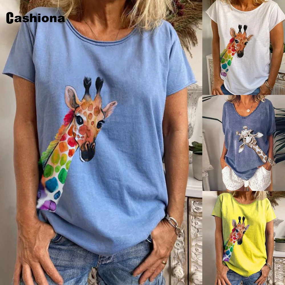 

Women Leisure giraffe Print Tunic Tops Short Sleeve Plus Size 5xl Ladies Summer O-Neck Loose Casual Oversize Tee Shirt feminina