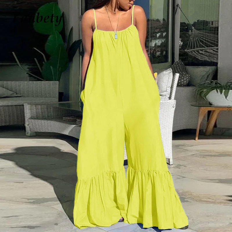 

Summer Sexy Sleeveless Loose Jumpsuits Women Elegant Fashion Shoulder Flare Pants One Piece Romper Spaghetti Strap Playsuit 3XL