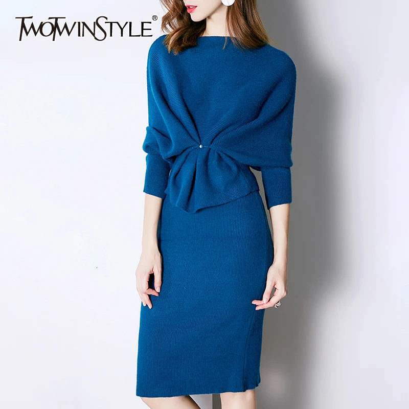 TWOTWINSTYLE корейский вязаный комплект из двух предметов для женщин с круглым вырезом и рукавами «летучая мышь» свитер с высокой талией юбки-карандаш Осенняя Новинка