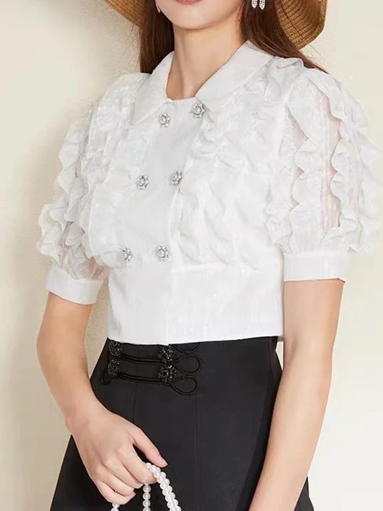 

Star same style French puff sleeve waist short double-breasted shirt summer fungus super fairy chiffon small shirt women