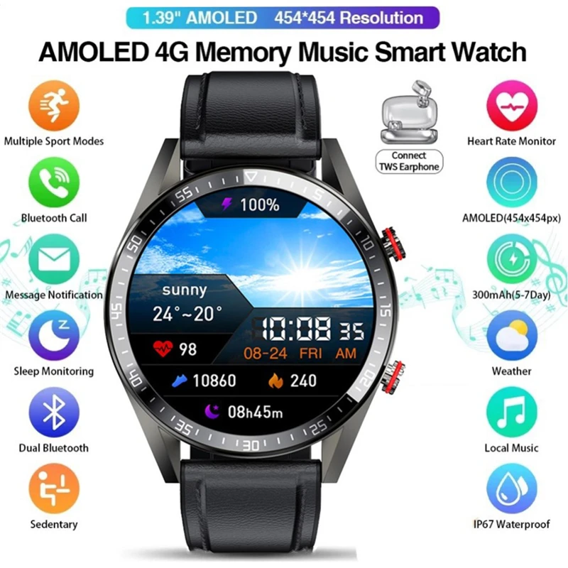 

Умные часы с AMOLED-экраном 454*454, мужские Смарт-часы с поддержкой Bluetooth, звонков и локальной музыки, наушники TWS на базе Android