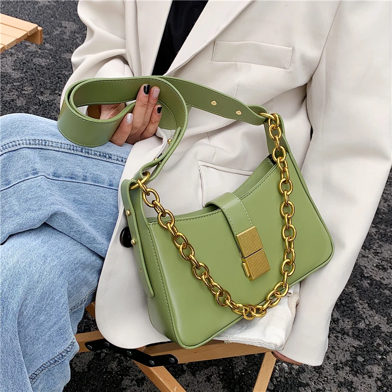 

Luxury Metal Lock Chain Shoulder Bags For Women Brand Designer Half Moon Crossbody Bags High Quality Baguette Ladies Handbags