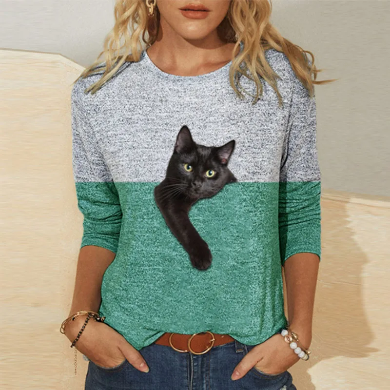 

Women Cute Cat T Shirt 2021 New Spring Long Sleeve O Neck Contrast Patchwork Loose Tops Casual Ladies Fashion 3XL Plus Size Tees