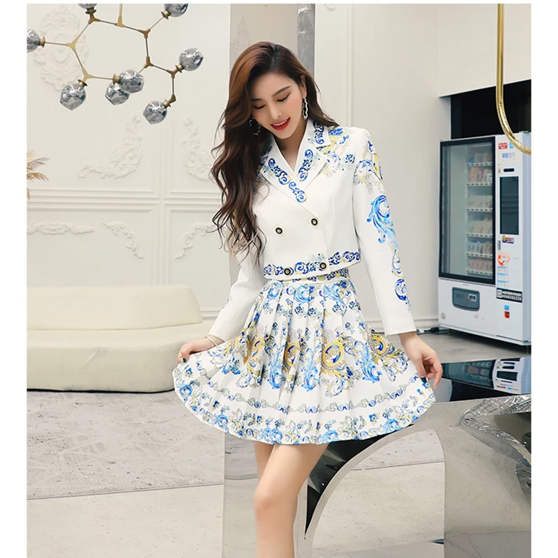 Spring Women New Two-piece Fashion Temperament Western Ladies Style Printed Long Sleeve Top + High Waist Short Pleated Skirt Set