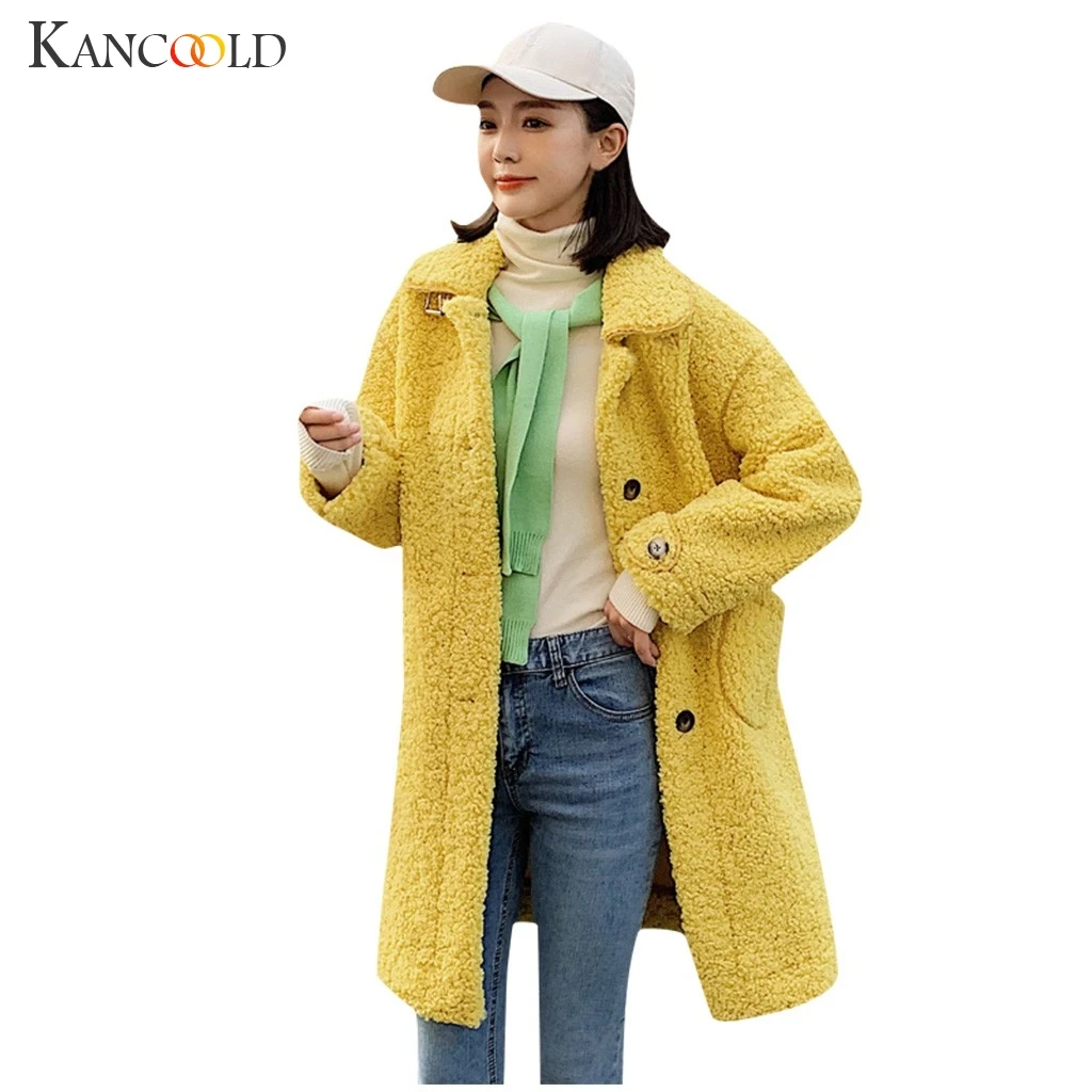 KANCOOLD зимняя женская Высококачественная модная однотонная длинная Меховая куртка на пуговицах с карманами свободное теплое плюшевое пальто с отворотом