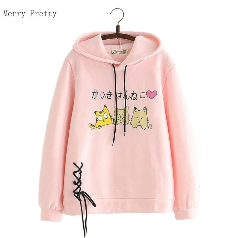 

Cartoon Cat Print Cotton Hoodies And Sweatshirts For Women Casual Long Sleeve Hooded Pullover Fleece Lined Harakuju Tracksuits