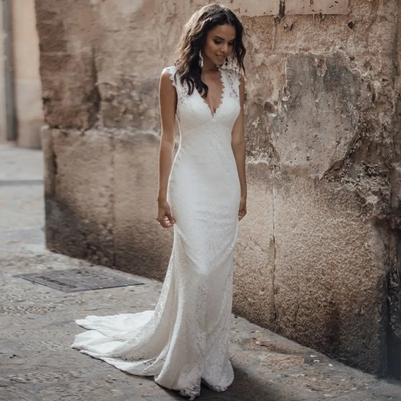 

Simple Backless Sexy V Neck LaceBridal Dress for Wedding Party Boho Dubai Arabic Abiti Da Sposa Vestidos De Fiesta De Noche