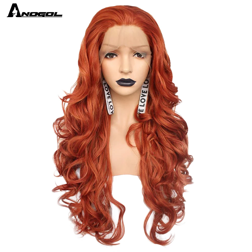 Аногол синтетический кружевной передний парик длинный оранжевый свободная