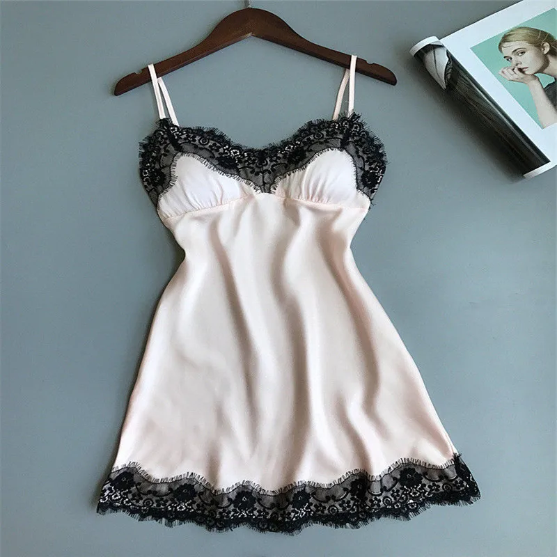 

Hot Sale Fashion Casual Home Nightgown Sexy Lingerie Women Lace Silk sleepwear Backless Spaghetti Strap Sleeveless Night Dress