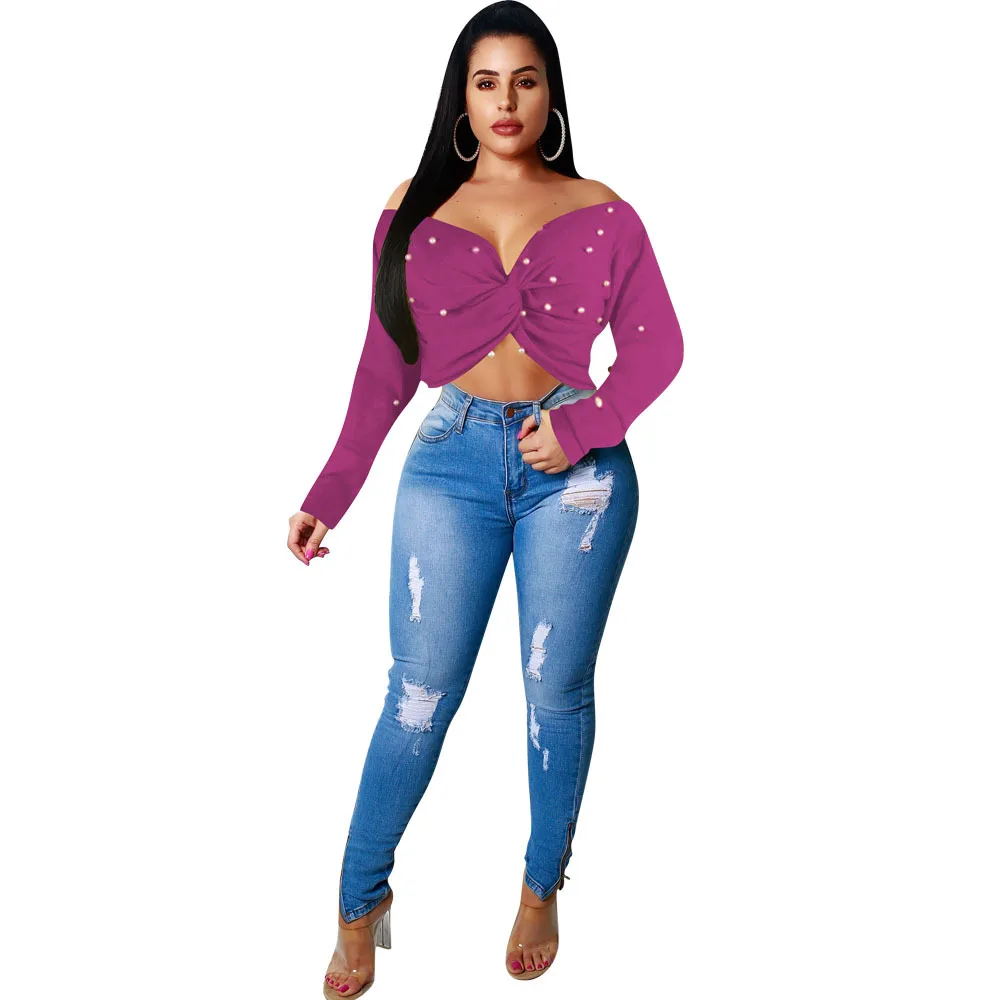 3 вида цветов осень зима жемчуг Блузка Топы с вырезом лодочкой 2018 для женщин