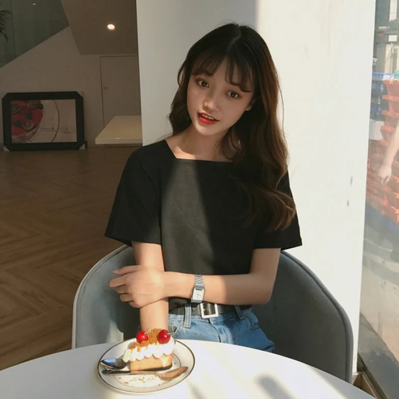

Basic Style Retro Square Collar Short-Sleeved T-shirt Women's All-Match T-shirt Korean Style 2021 New Loose Student Top Fashion