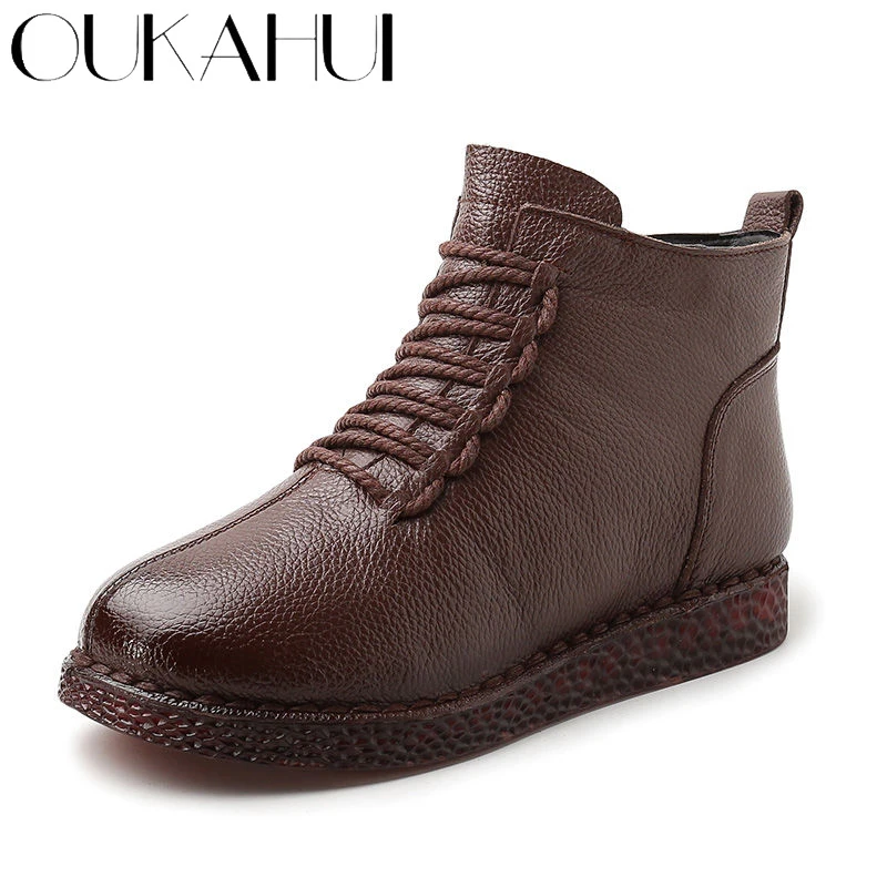 

OUKAHUI Autumn Real Leather Ankle Boots For Women Brown Leather 2020 Winter Warm Plush Lace-Up Soft Ladies Flat Boots Women Zip