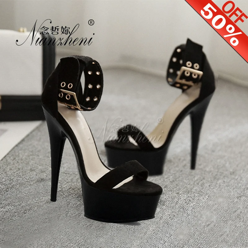 Женские босоножки с заклепками и пряжкой Классические на высоком каблуке 15 см