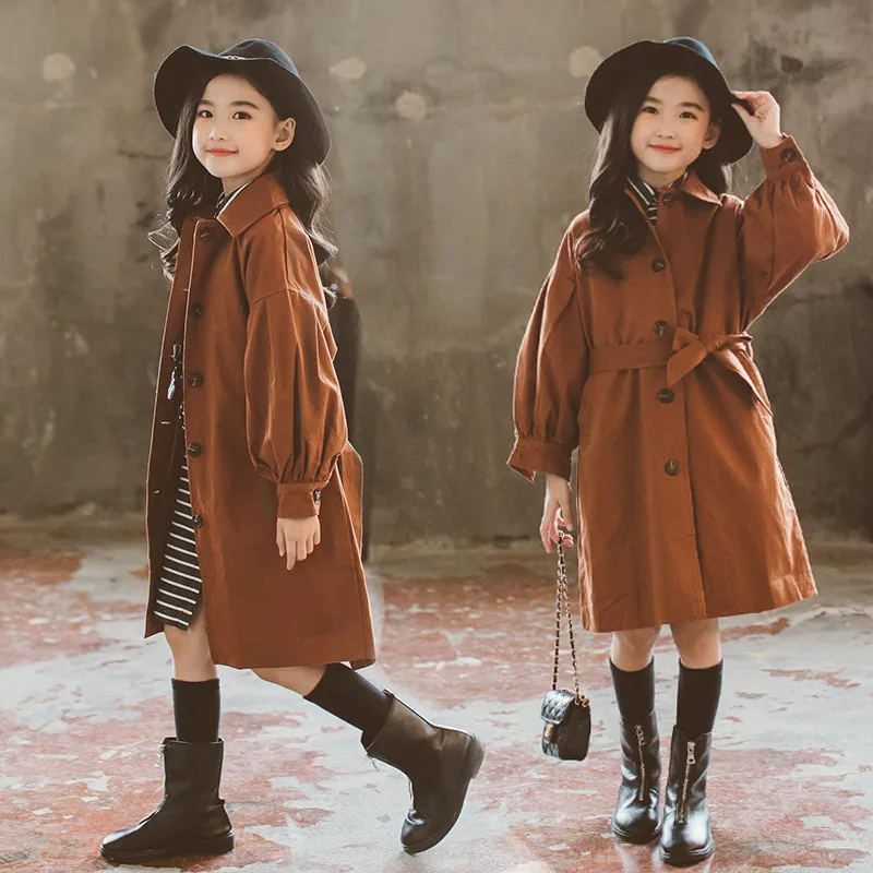 

2020 Autum Teens Girls Trench Coat Outfit for Girls Vintage Long Windbreaker Blue Tan Kids Thin Coat Outwear Clothes 3-13 Years