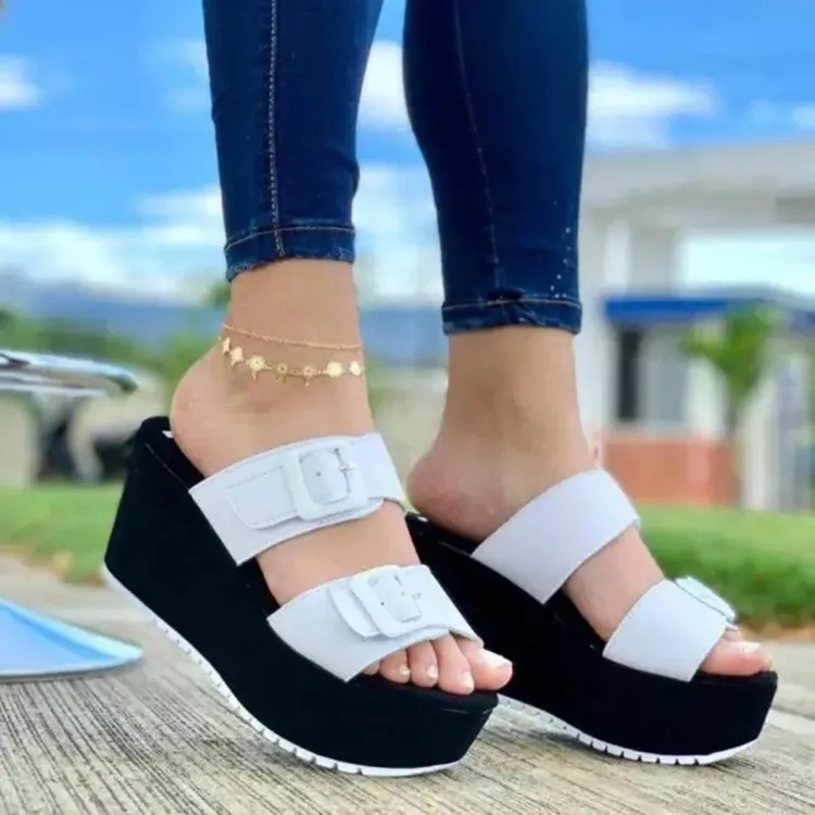 

2021 Fashion Summer Wedges Slippers Women Sandals Solid Color Thick Bottom Buckle Casual Outdoor Lady Wedge Sandals Women Shoes
