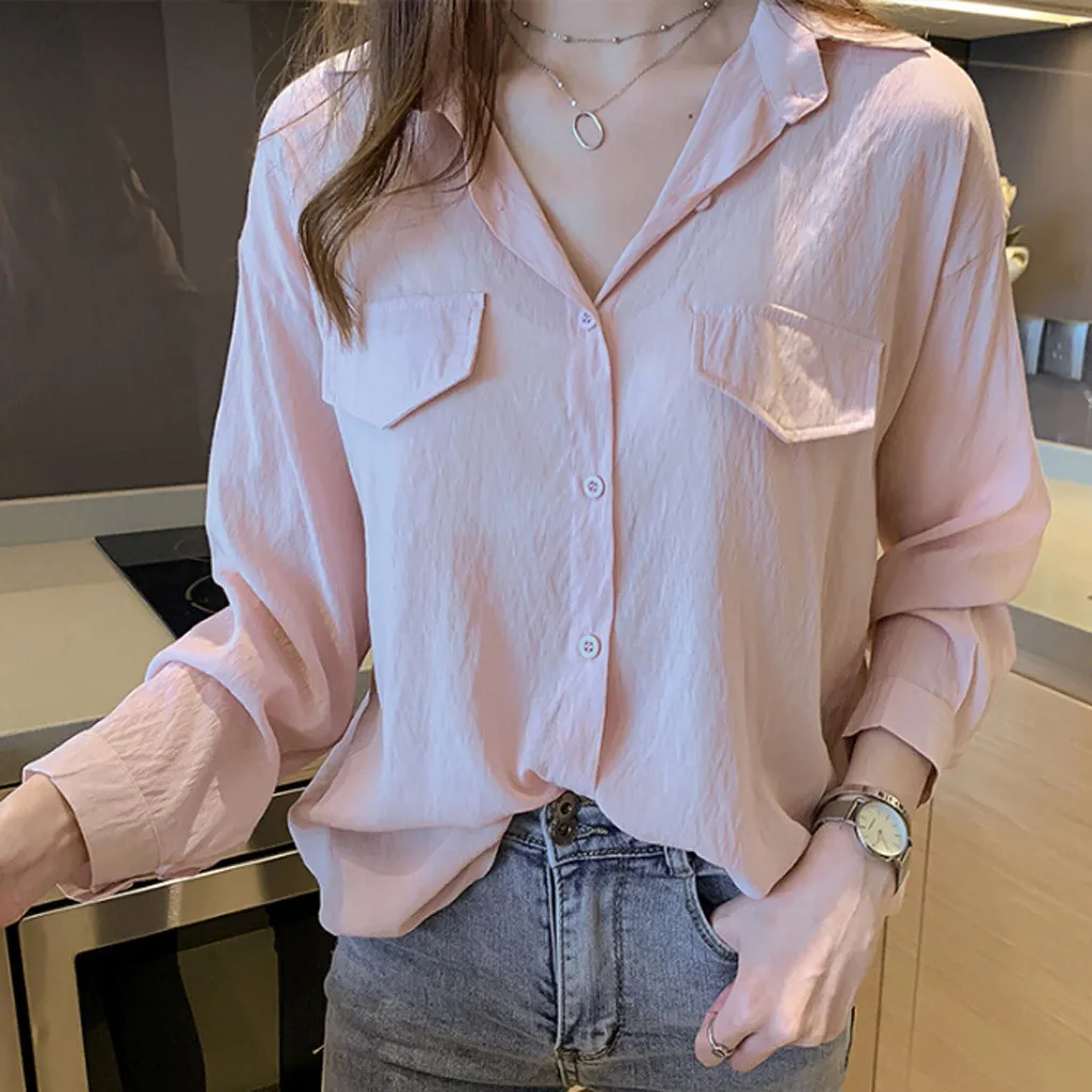 2019 Spring One Pocket Women pink Shirt Female Blouse Tops Long Sleeve Casual Turn-down Collar OL Style Loose Blouses#g5 | Женская