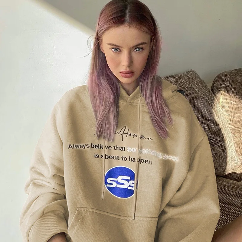

Женские толстовки с вышивкой 2021, Модные свитшоты с длинными рукавами и надписью для взрослых с карманами Топы на завязках, уличная одежда