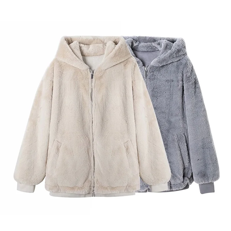 

ZXQJ Women 2020 Fashion Winter Thick Warm Reversible Jacket With Faux Fur Effect Long Sleeve Hooded Female Outerwear Chic Tops
