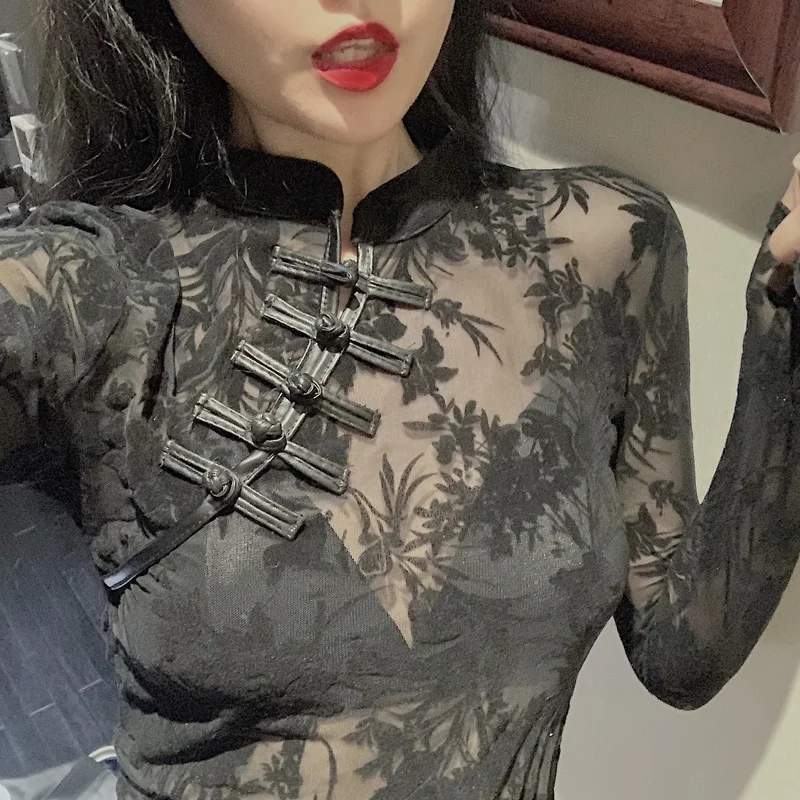 

Korean New Style Chic Vintage Perspective Lace Blouse Slim Fit Cheongsam Embroidered Fashion 2020