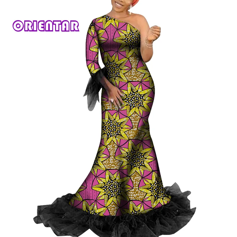 2020 African Dresses for Women Plus Size Long Ankara Dress Party Gowns with Black Yarn One Shoulder African Dress WY6685