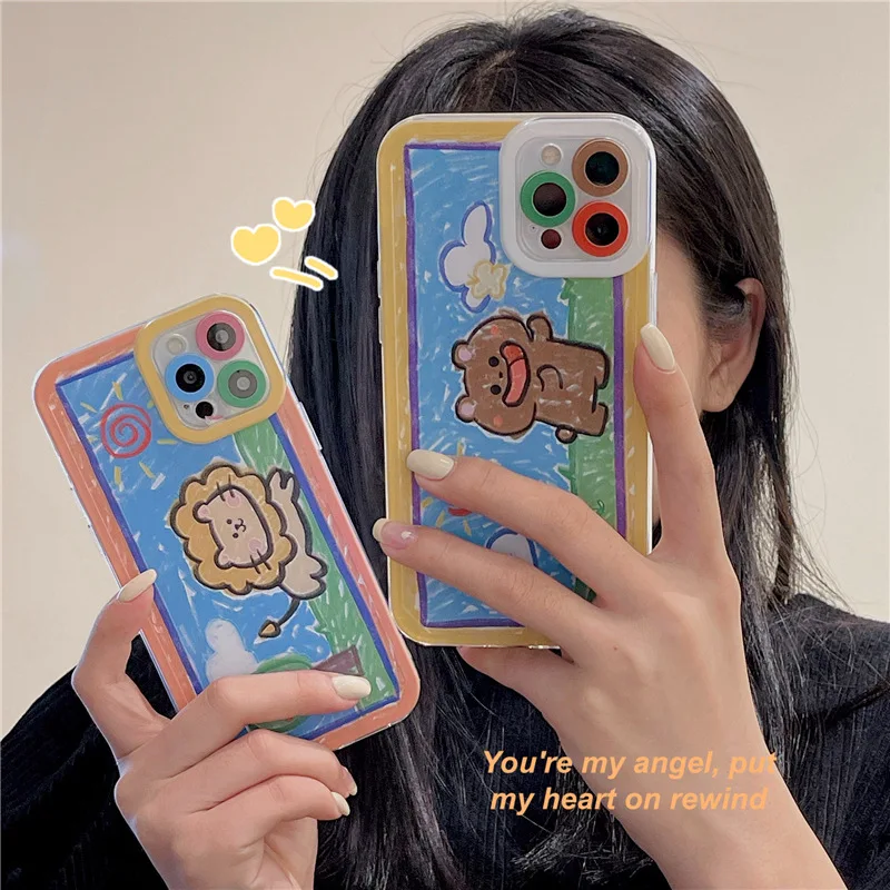 

Cartoon Bear Case For Iphone 13 12 Promax 11 Pro X XR XSMax 13 Mini 7 8 Plus Hand Painted Cute Bear Lion Cheap Women Phone Cover