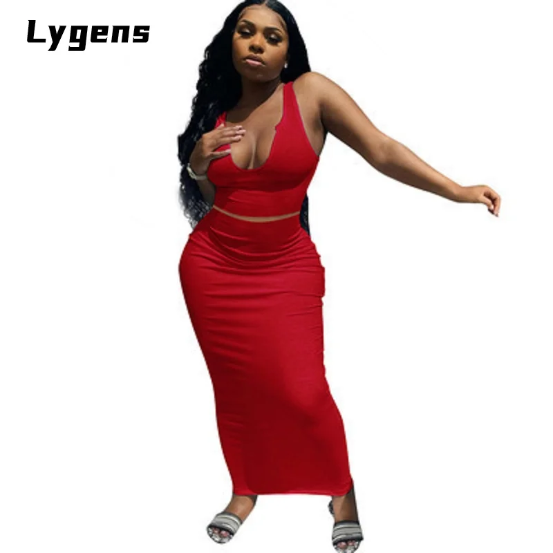 

"Lygens 2021 Summer Women 2 Pieces Solid Crop Top Tanks Midi Skirt Set Bodycon High Waistsexy Streetwear Tracksuit Outfit "