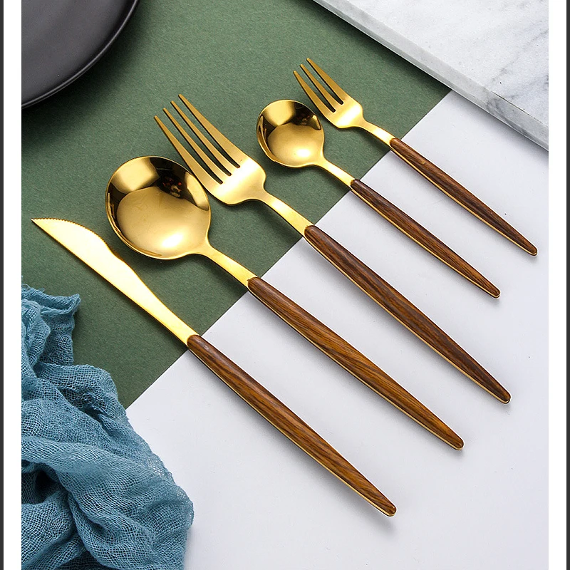 Золотой столовый нож с деревянной ручкой из нержавеющей стали вилка ложка