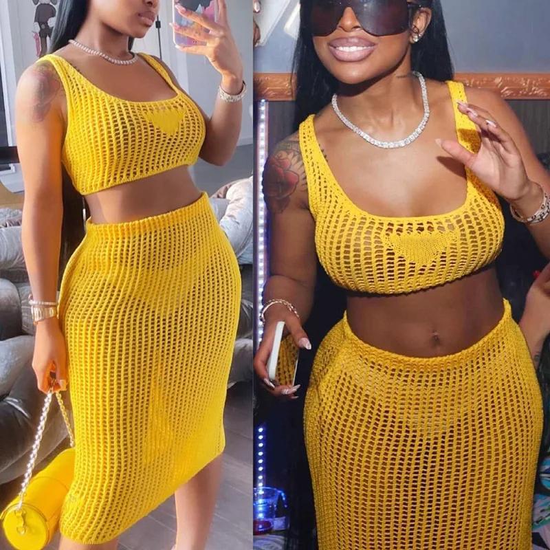 

Autumn Clothes Sexy Two Piece Set Women Fashion Knit Sleeveless Vest Crop Top+Skirt Suit Club Outfits Streetwear Wholesale Items