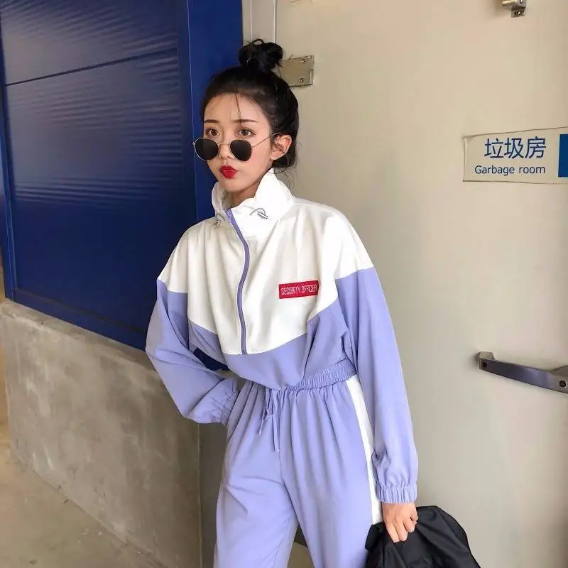 

New early autumn 2020 sports suit female autumn Student Korean casual versatile color contrast Haran trouser set