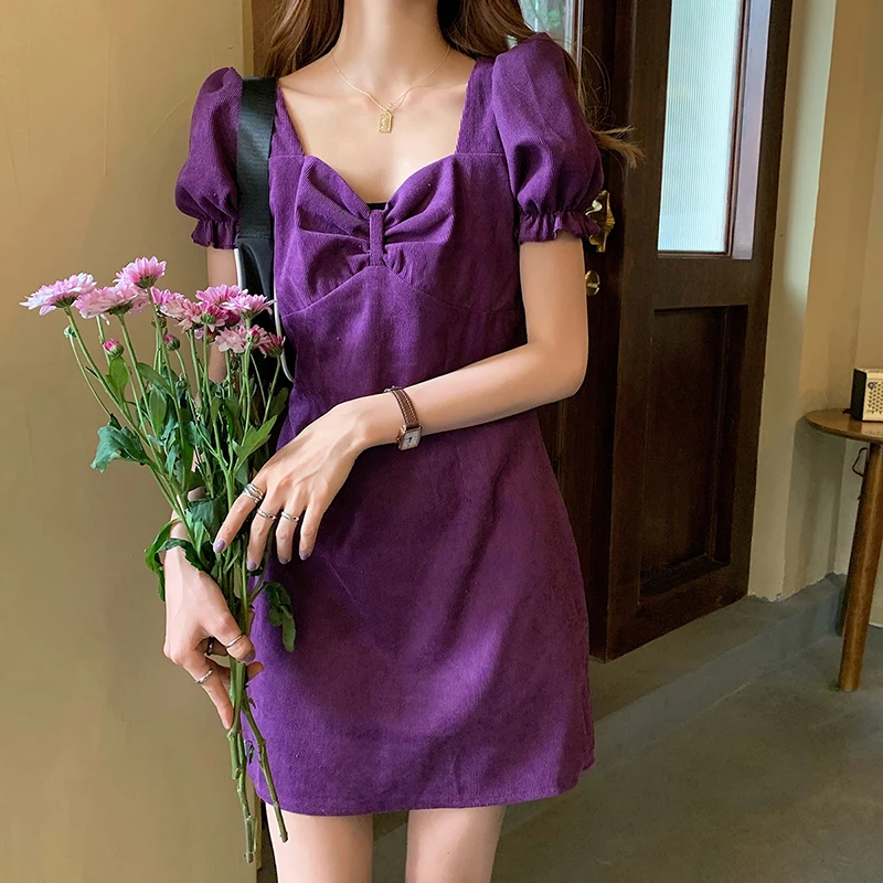 

Korean Summer Elegant Women Dress Vintage Square Collar Sweet Bow Puff Sleeve Dress High Waist A-Line Temperament Purple Dress