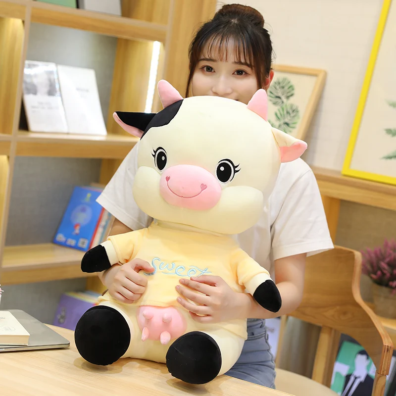 

1pc 23-53CM kawaii Sitting Milk Cow Plush Toys Stuffed Soft Animal Cattle with Clothe Dolls for Children Kids Birthday Gifts