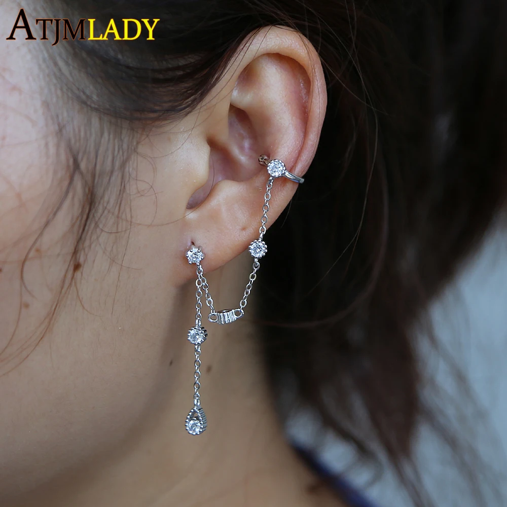 Серьги-каффы с длинной цепочкой из серебра 100% пробы 925 фианитами | Украшения и