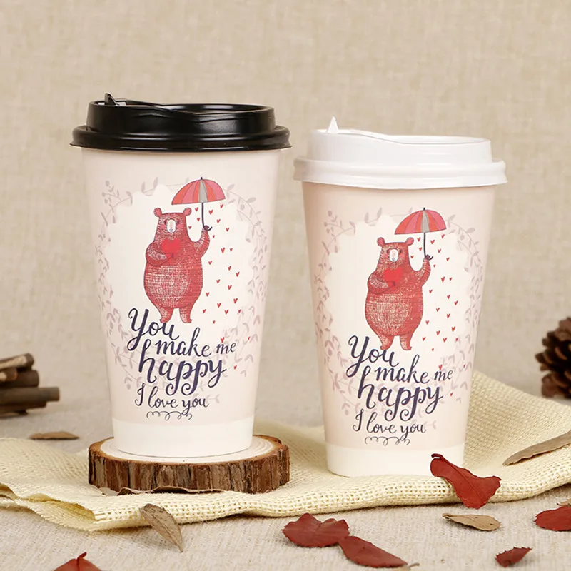 

50pcs Creative cartoon disposable coffee cup 500ml juice beverage packaging cups party favor drink paper cup with black lids