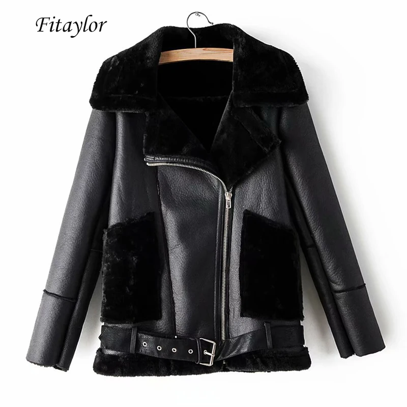 Fitaylor зимняя женская теплая искусственная кожа ягненка шерсть Меховая куртка