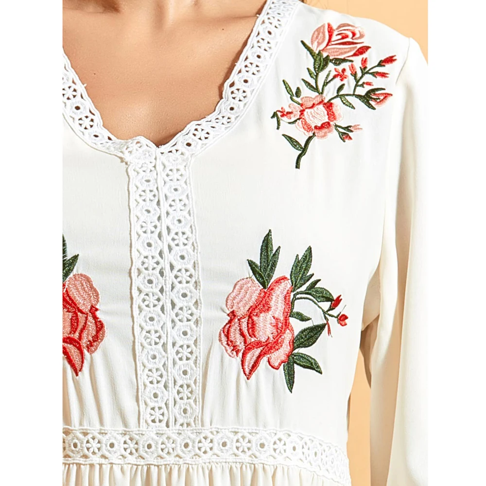 Женское платье макси с цветочной вышивкой и коротким рукавом|Мусульманская