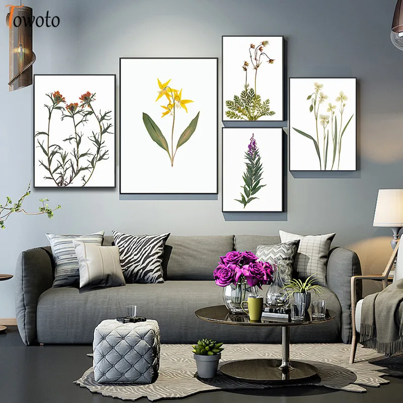 Растительный принт Постер диких цветов трава растения холст живопись пастельный