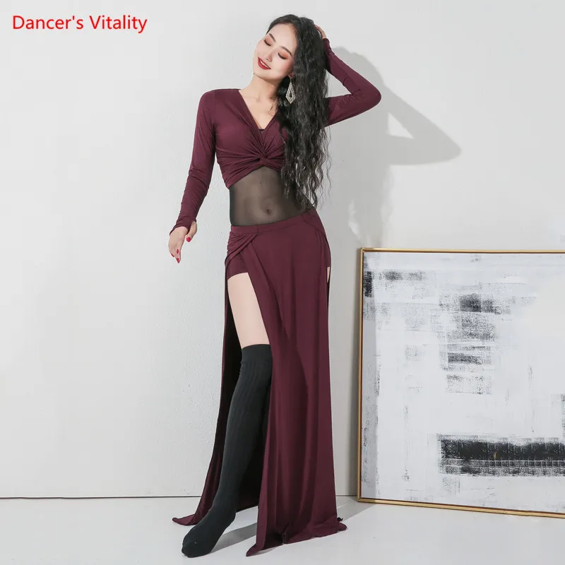 

Костюм для танца живота, модальный топ с v-образным вырезом, длинная юбка, тренировочный комплект одежды для женщин и взрослых, профессионал...