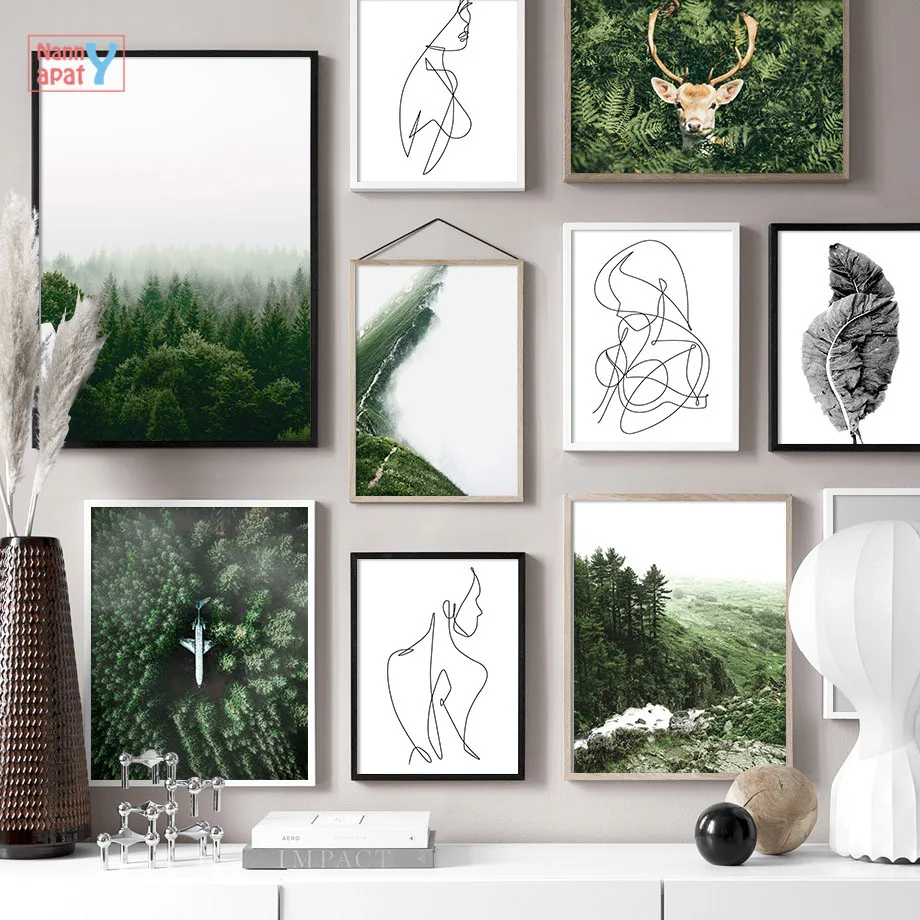 

Настенная Картина на холсте в скандинавском стиле, абстрактные линии с изображением леса, листа, оленя, самолета, плакаты и принты для украш...