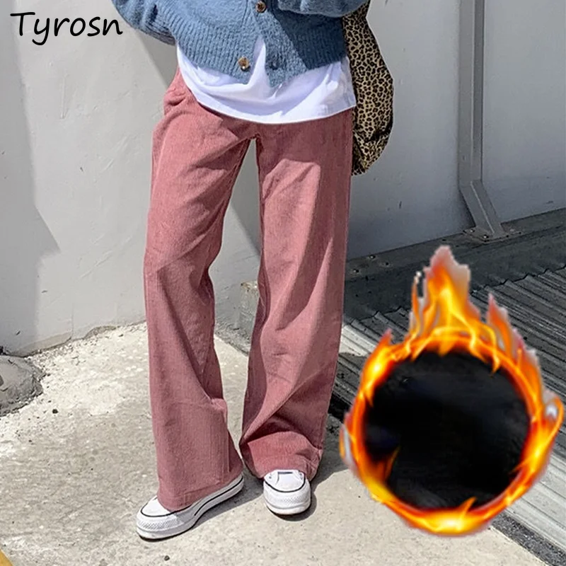 

Pants Women Corduroy Plus Velvet Preppy Solid Wide Leg Casual Sweet All-match Femme Fashion Streetwear Retro Harajuku Trousers