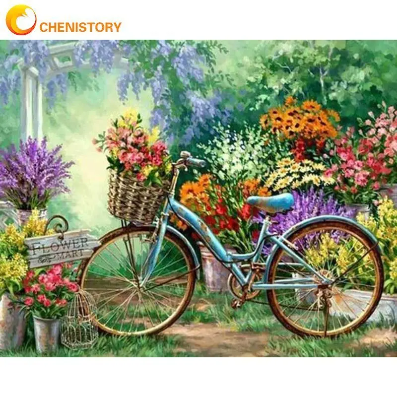 

CHENISTORY 5D New Diamond Embroidery Flower Basket Bicycle Scenery Full Square Round Diamond Painting Diamond Mosaic Cross Stitc
