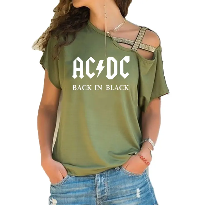 Группа ACDC футболка в стиле рок женские ACDC с буквенным принтом футболки хип хоп Рэп музыка асимметричное, с короткими рукавами Skew Крест повязки топы тройник